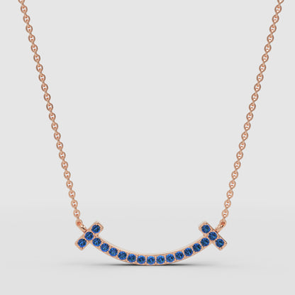 Blue Sapphire Curved Smile Bar Pendant Necklace - Four