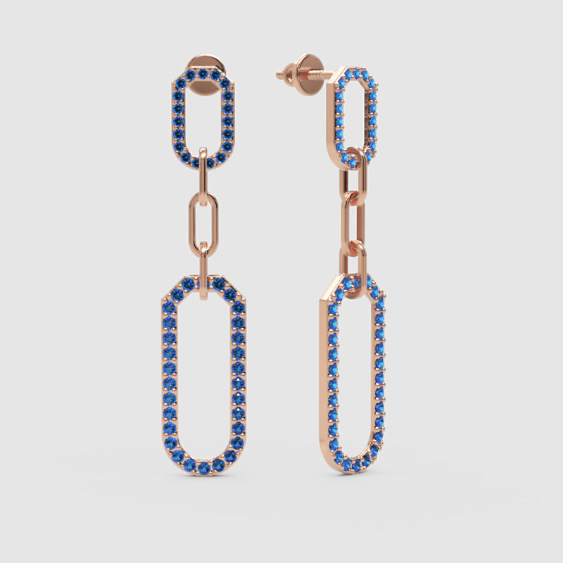 Blue Lab Grown Gemstone Link Drop Earrings  Pave Oval Chain Statement Dangle Design - Four