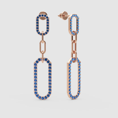 Blue Lab Grown Gemstone Link Drop Earrings  Pave Oval Chain Statement Dangle Design - Four