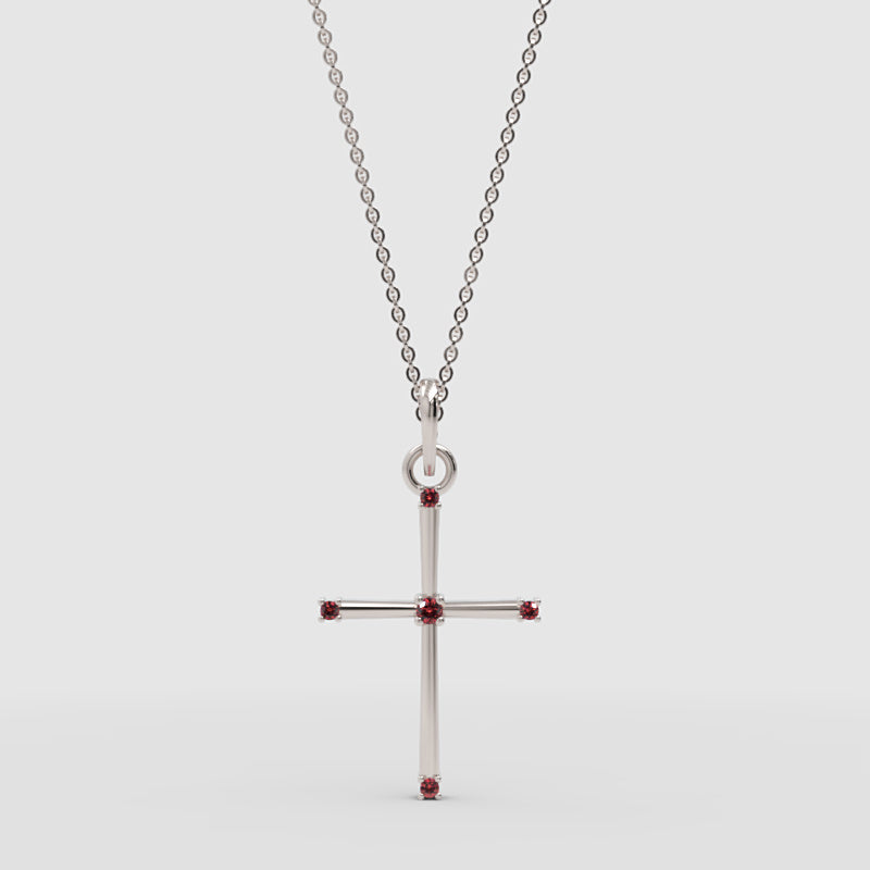 Garnet Cross Pendant Necklace With Chain - Four