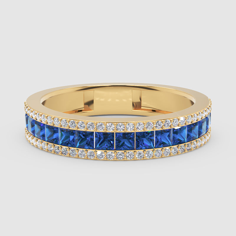 Blue Sapphire And Diamond Channel Set Wedding Band Ring - Seven