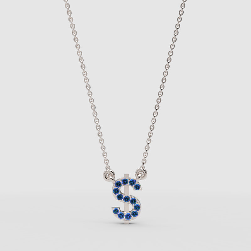 Blue Crystal Dollar Sign Pendant Necklace - Four
