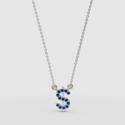 Blue Crystal Dollar Sign Pendant Necklace - Four