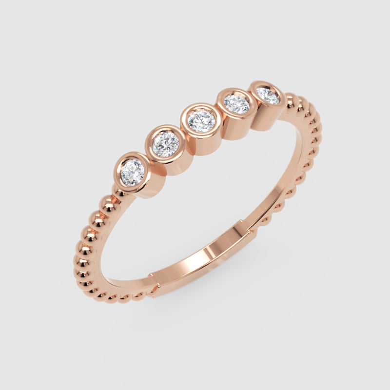 Diamond Bezel Half Band Ring in Gold – Minimal 5 Stone Stackable Ring with Beaded Shank | Jebij