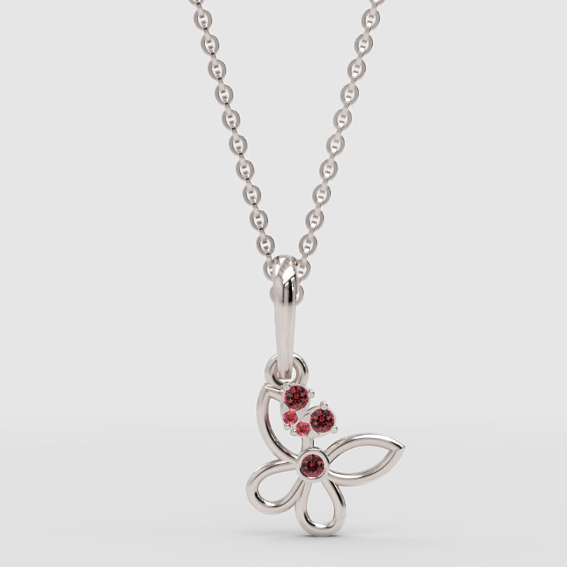 Butterfly Pendant Necklace With Pink Gemstones On Chain - Four