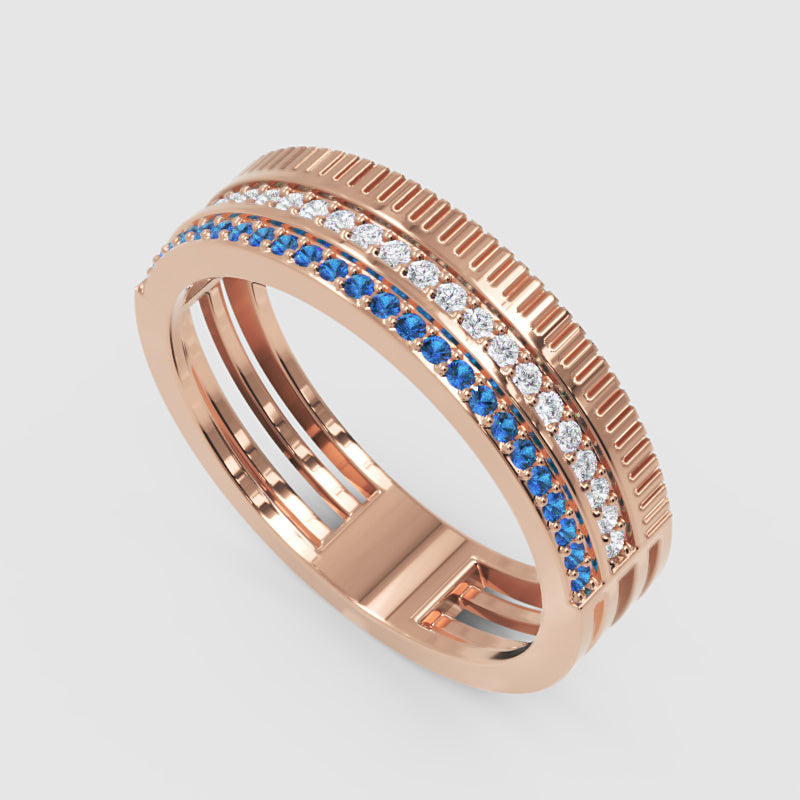 Gold Blue Sapphire Diamond Multi-Row Band Ring – Textured Statement Luxury Ring | Jebij - Five