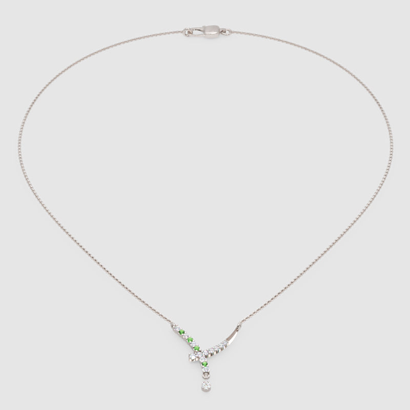 Natural Diamond Curved Bar Necklace With Green Gemstone Drop Pendant - Five
