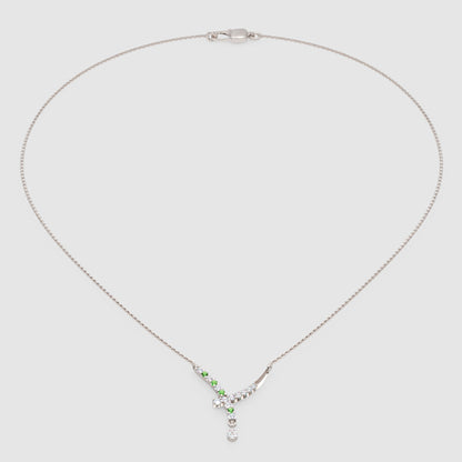 Natural Diamond Curved Bar Necklace With Green Gemstone Drop Pendant - Five