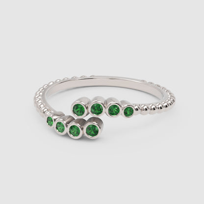 Beaded Open Wrap Ring With Green Emerald Stones - One