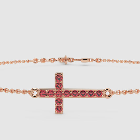 Sideways Cross Bracelet With Pink Crystal Stones Rose Tone Chain - One