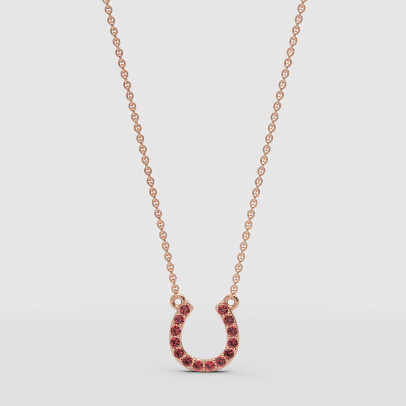 Ruby Horseshoe Pendant Necklace With Rose Tone Chain - One