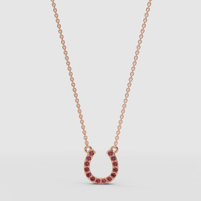 Ruby Horseshoe Pendant Necklace With Rose Tone Chain - One
