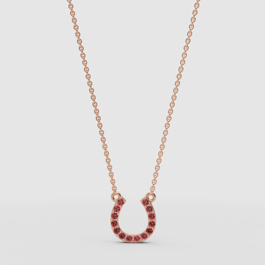 Ruby Horseshoe Pendant Necklace With Rose Tone Chain - One