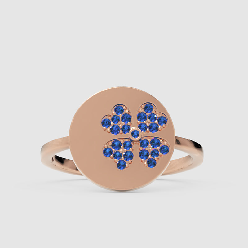 Blue Sapphire Four Leaf Clover Disc Ring - One