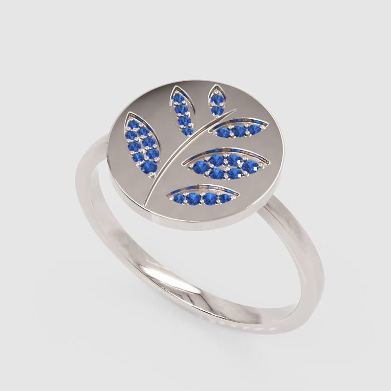 Blue Sapphire Leaf Disc Ring - One