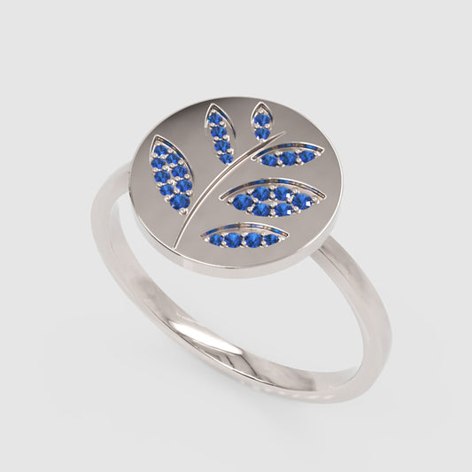 Blue Sapphire Leaf Disc Ring - One