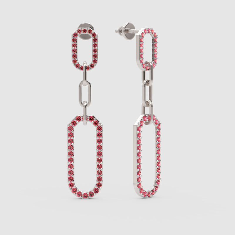 Pink Lab Grown Gemstone Link Drop Earrings Pave Oval Chain Statement Dangle Design - Three