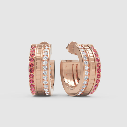 Ruby & Diamond Dual Row Hoop Earrings In Rose Gold – Luxury Festive Hoops | Jebij - One