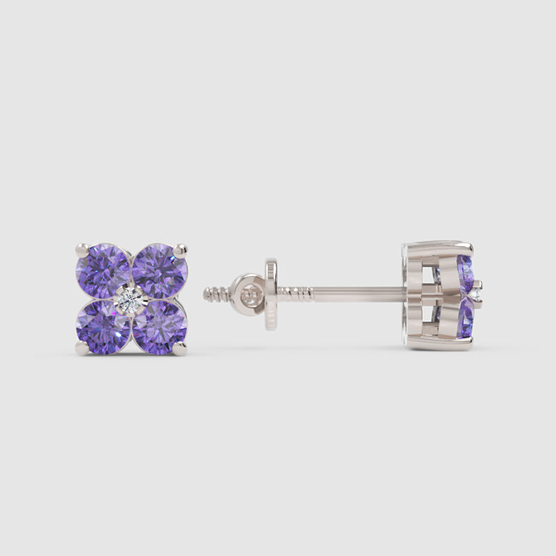 925 Sterling Silver Purple Amethyst Clover Stud Earrings With Diamond Center – Floral Cluster Elegant Jewelry - One