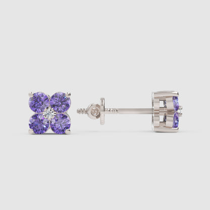 925 Sterling Silver Purple Amethyst Clover Stud Earrings With Diamond Center – Floral Cluster Elegant Jewelry - One