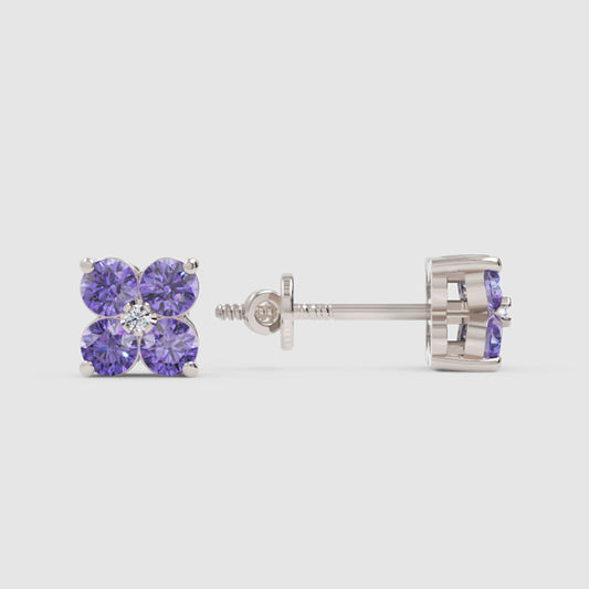 925 Sterling Silver Purple Amethyst Clover Stud Earrings With Diamond Center – Floral Cluster Elegant Jewelry - One
