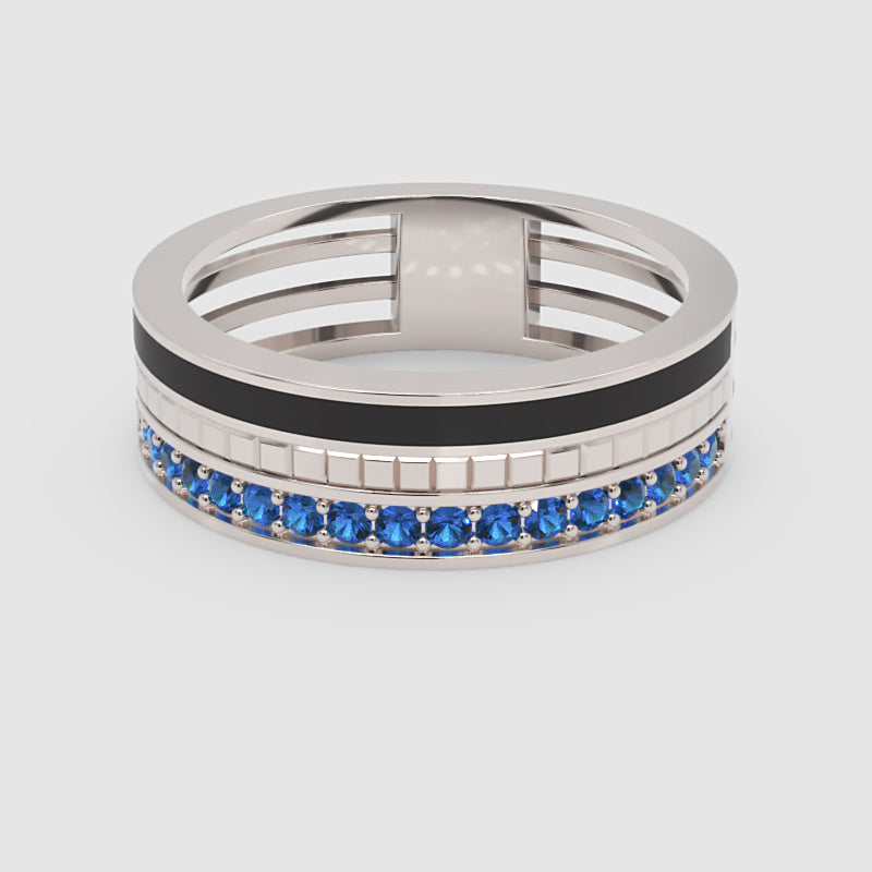 Gold Blue Sapphire Band Ring 6Mm With Black Enamel – Wide Statement Luxury Ring | Jebij - One