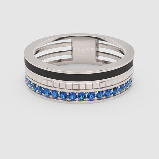 Gold Blue Sapphire Band Ring 6Mm With Black Enamel – Wide Statement Luxury Ring | Jebij - One