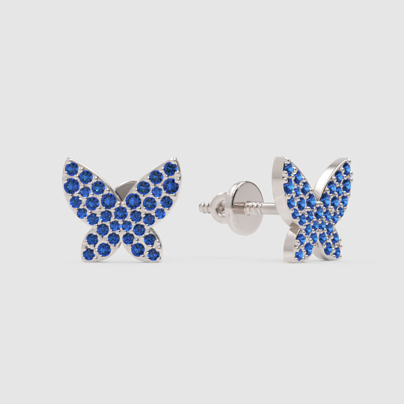 Blue Sapphire Butterfly Stud Earrings With Screw Back Closure - One