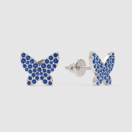 Blue Sapphire Butterfly Stud Earrings With Screw Back Closure - One