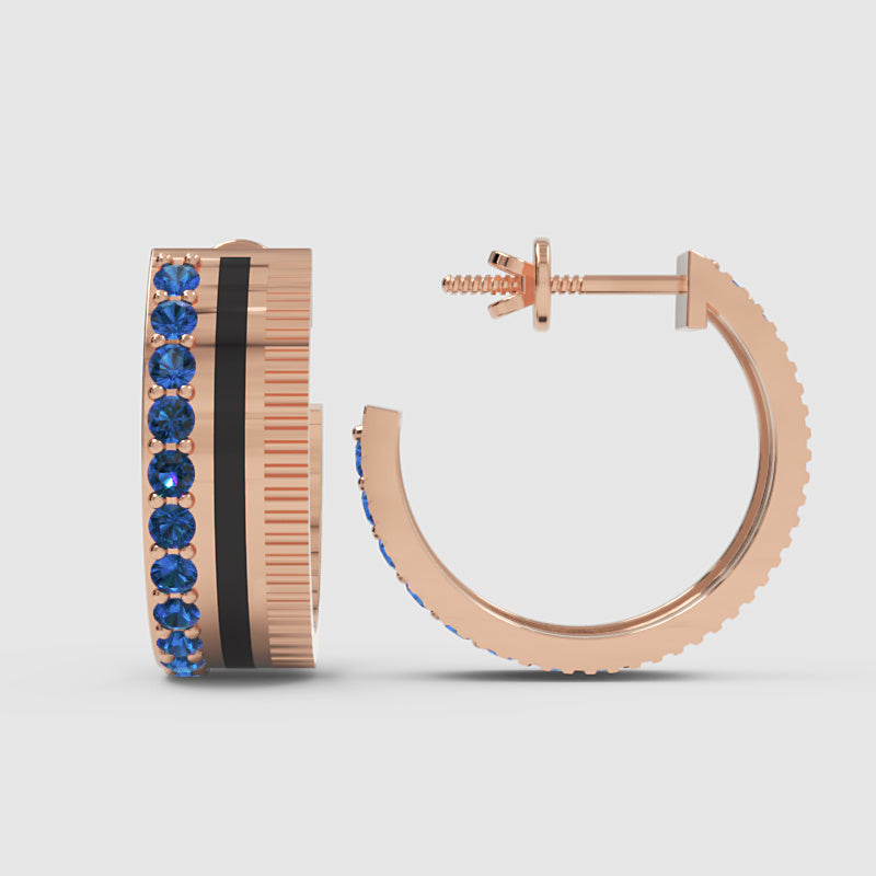Blue Sapphire Hoop Earrings With Textured Design - One