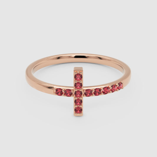 Ruby Cross Ring with Pav Gemstones in Rose Tone Finish