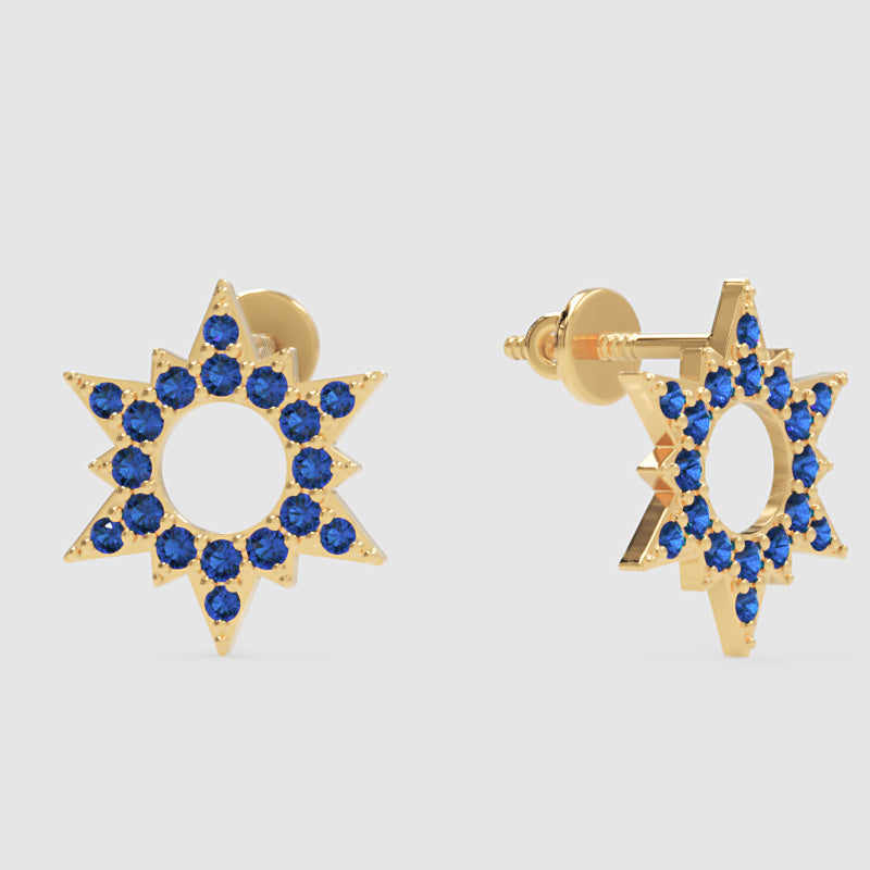 Blue Sapphire Star Of David Stud Earrings With Diamond Accents - Three