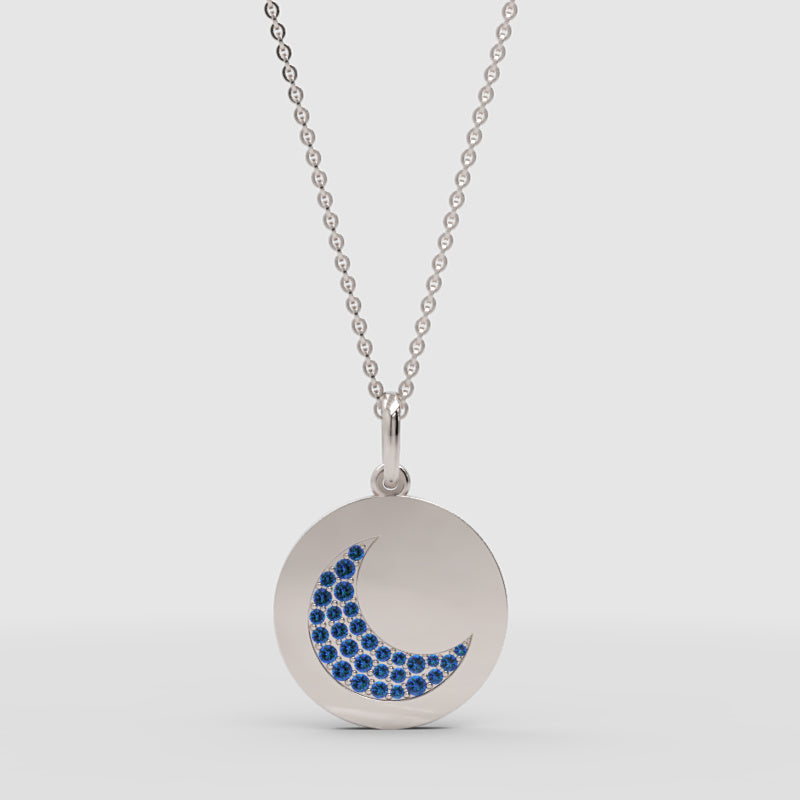 Blue Sapphire Crescent Moon Disc Pendant Necklace - One