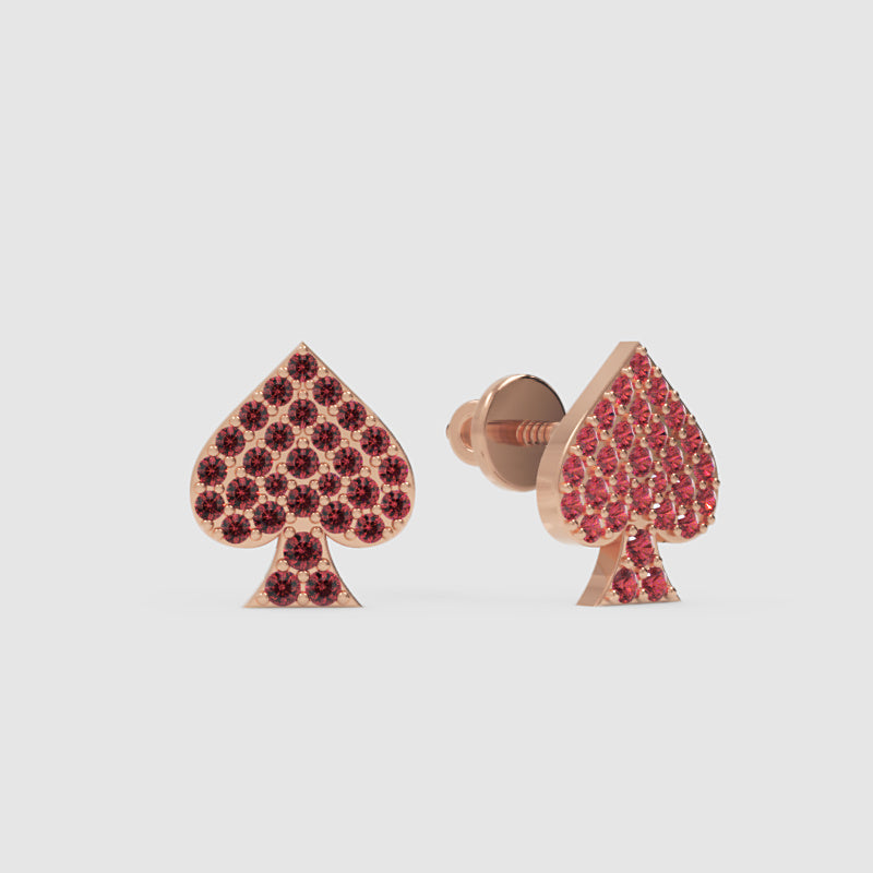 Ruby Spade Stud Earrings With Pav Setting - One