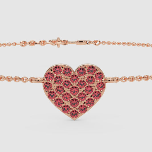 Pav Heart Bracelet With Red Crystals On Chain - One