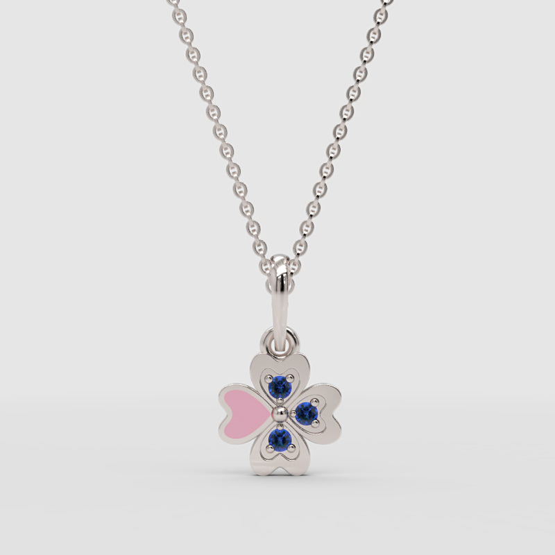 Pink Enamel Heart Clover Pendant Necklace With Blue Stones - One