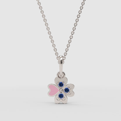 Pink Enamel Heart Clover Pendant Necklace With Blue Stones - One