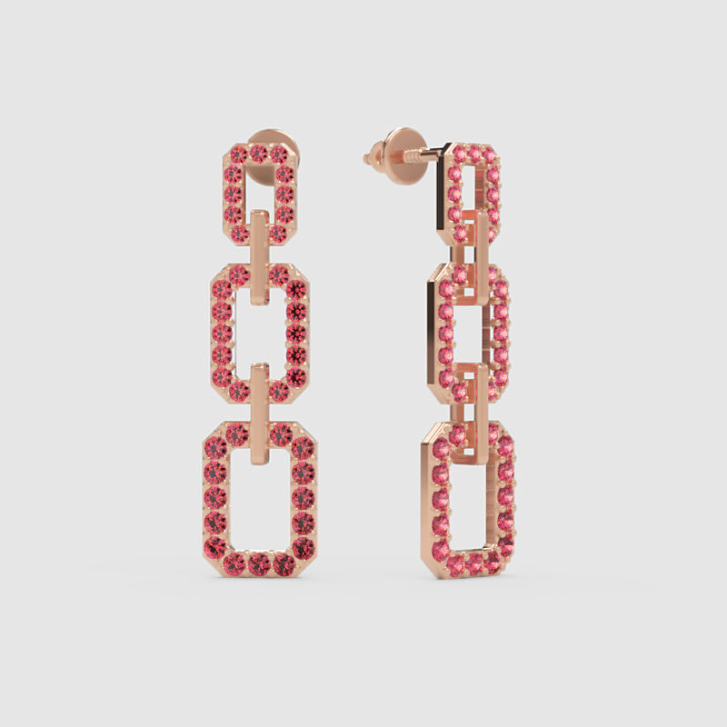 Pink Crystal Triple Link Chain Drop Earrings - One