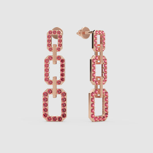 Pink Crystal Triple Link Chain Drop Earrings - One