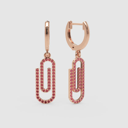 Pink Sapphire Paperclip Link Huggie Hoop Earrings - One
