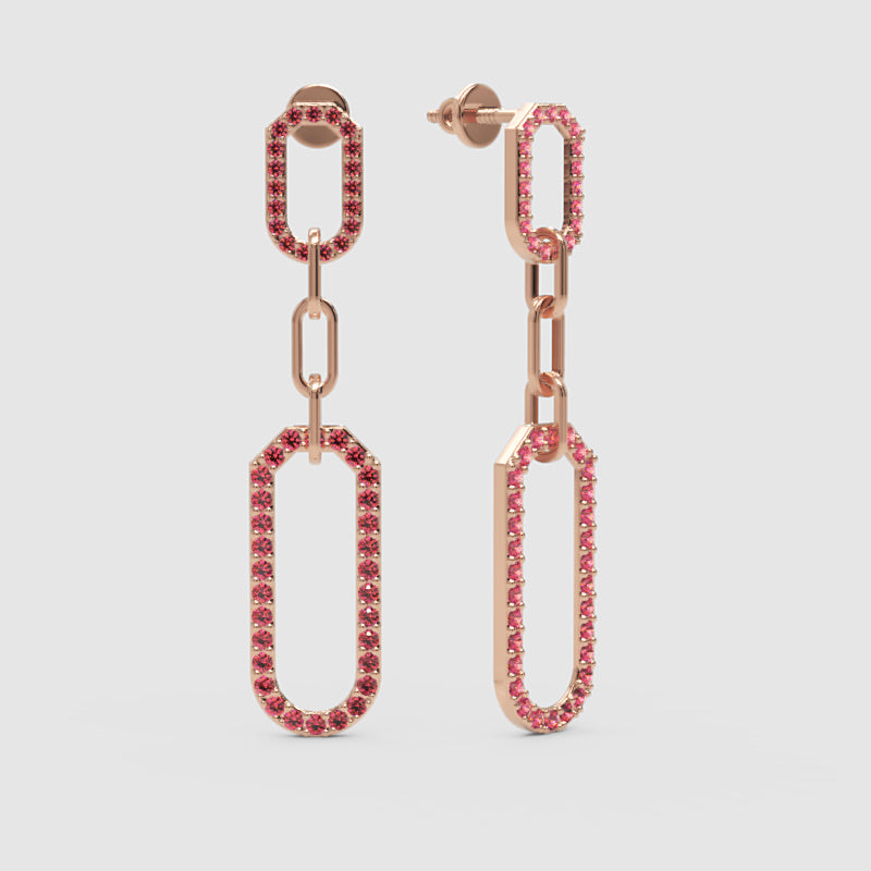 Pink Lab Grown Gemstone Link Drop Earrings Pave Oval Chain Statement Dangle Design - One