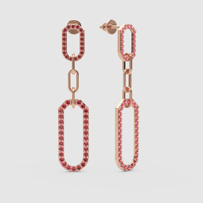 Pink Lab Grown Gemstone Link Drop Earrings Pave Oval Chain Statement Dangle Design - One