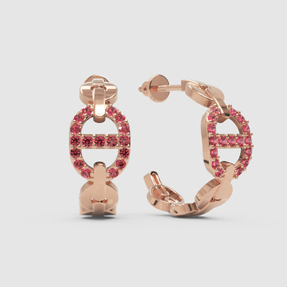 Pink Lab-Grown Gemstone Hoop Earrings In Gold Finish – Modern Oval Link Huggie Design - One