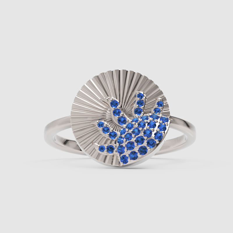 Blue Sapphire Wave Ring With Textured Sunburst Design - One
