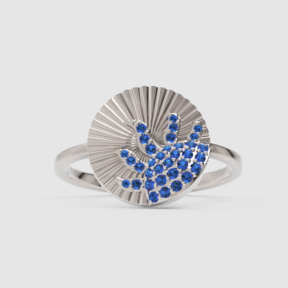 Blue Sapphire Wave Ring With Textured Sunburst Design - One