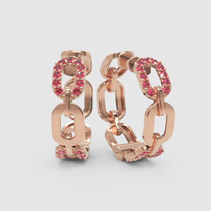 Pink Gemstone Chain Link Hoop Earrings - One
