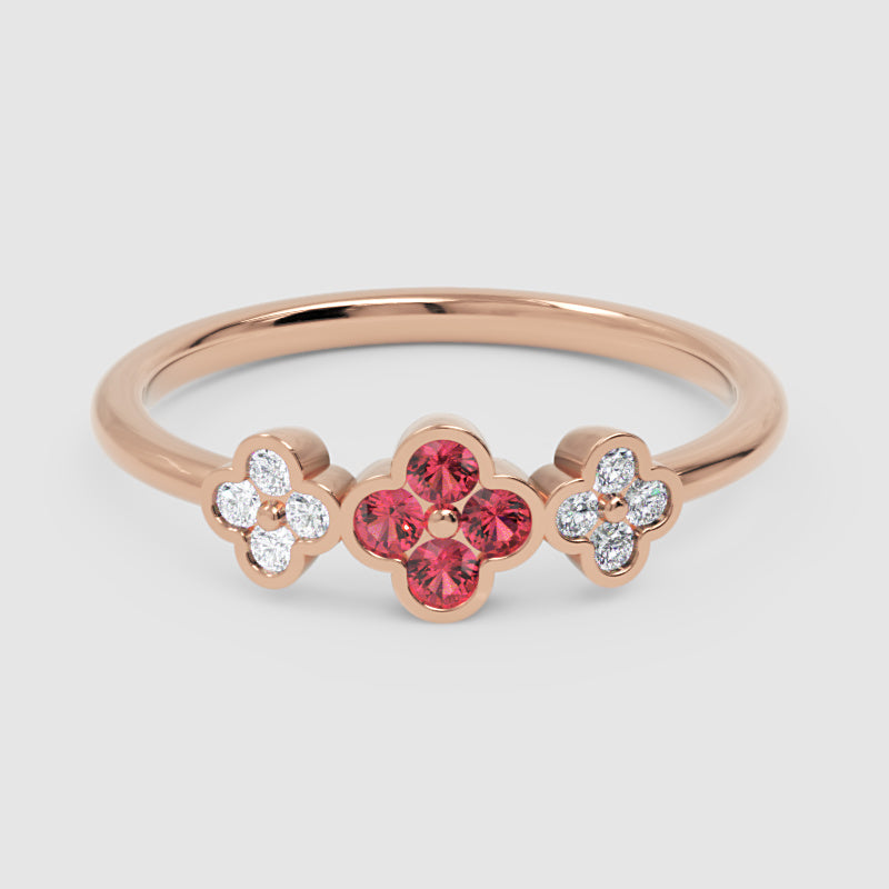 Triple Flower Cluster Ring With Ruby And Diamond Accents - One