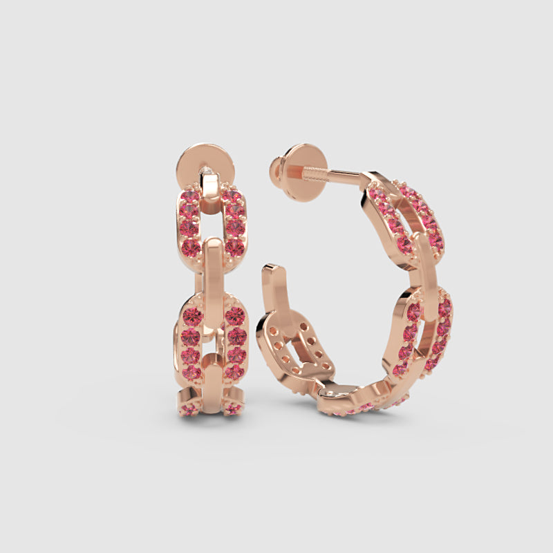Pink Sapphire Chain Link Hoop Earrings - One