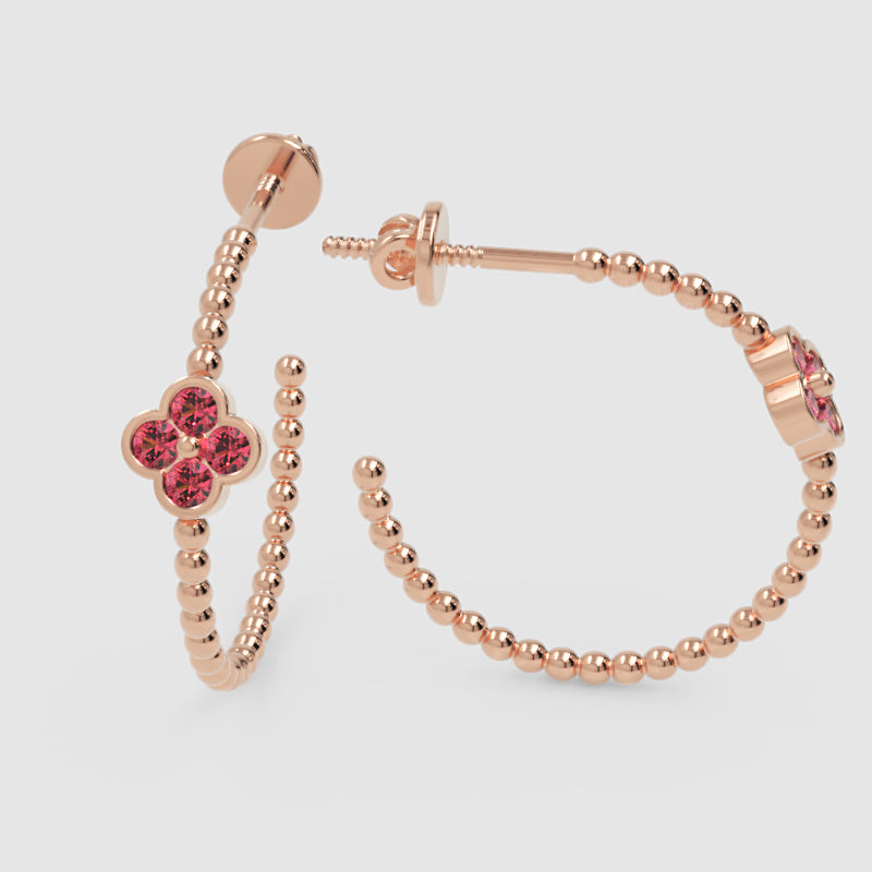 Beaded Hoop Earrings With Pink Crystal Flower Accent - One