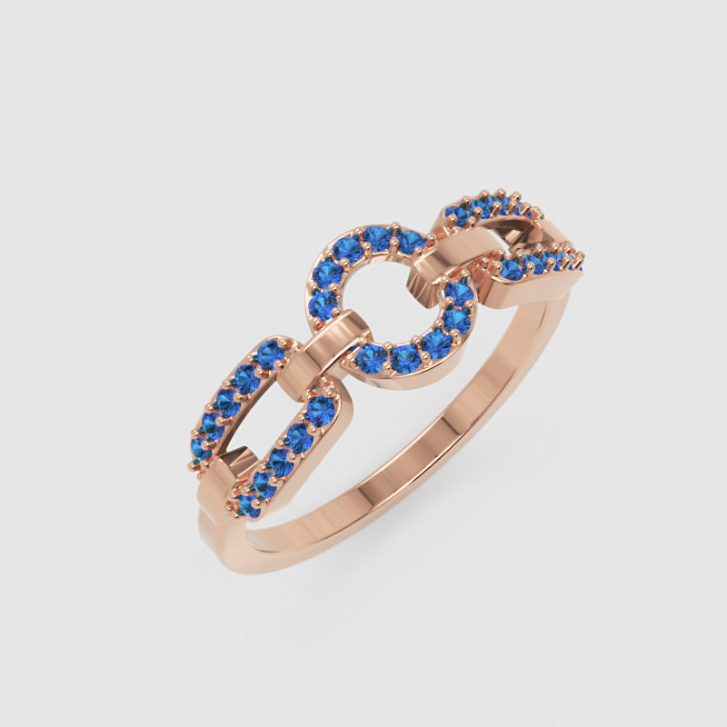 Blue Sapphire Circular Link Ring In Rose Gold | Double Pave Interlocking Chain Statement Luxury Ring For Women | Jebij - Three